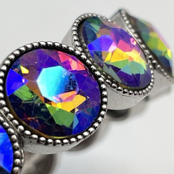 Silver Tone Blue AB Round Cut Glass Rhinestone Stretch Bracelet Boho Fashion - Picture 4 of 7